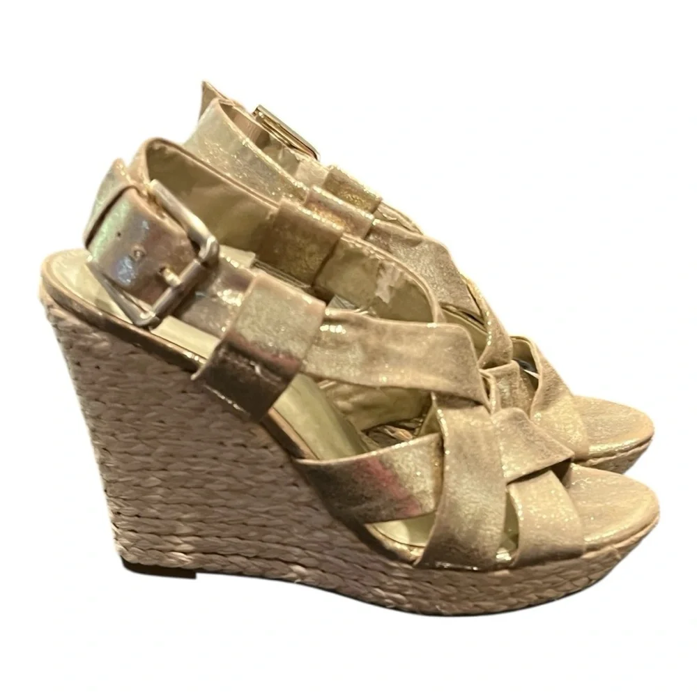 Jessica Simpson CREPE Rope Wedge 4.5 Inch Platform Heels – Gold‎ 7